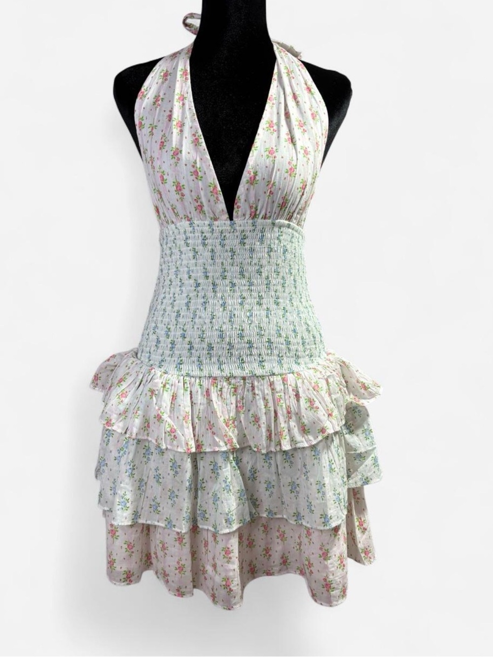 Altar'd State White Mini Halter Floral Smocked Tiered Dress